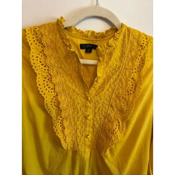J.Crew Ruffle-Neck Eyelet Top Rich Gold K2215 Size 0 XS Yellow Long Sleeve - Picture 4 of 7